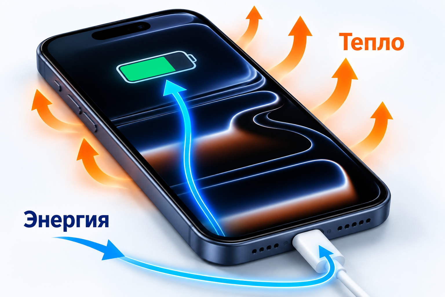 Энергия поступает в телефон, тепло уходит в окружающий воздух