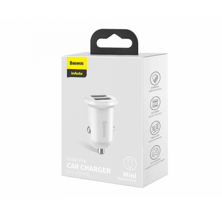 Автомобильное зарядное устройство Baseus grain pro 2USB 4.8  белое - фото 2