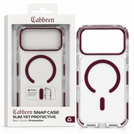 Пластиковая накладка Cabben с MagSafe совместимая с iPhone 18 Pro Max/17 Pro Max прозрачная с бордовыми бортами