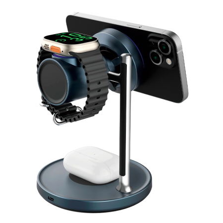 Беспроводное зарядное устройство Wiwu (W041) 3 в 1 Magnetic Wireless Charger серое - фото 3