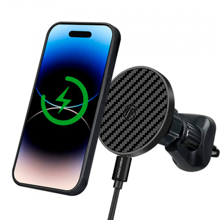 Автомобильный держатель c беспроводной зарядкой MONOCARBON Car mount + Car Charger 15W черный - фото 2