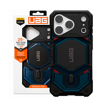 Противоударная накладка UAG MONARCH PRO с Magsafe с защитой на модуль камеры совместимая с 18 Pro Max/17 Pro Max черо-синяя