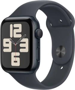 Умные часы Apple Watch SE 2024, 44 мм, корпус из алюминия цвета «полуночный черный», спортивный ремешок цвета «полуночный черный» SM (MXEJ3)