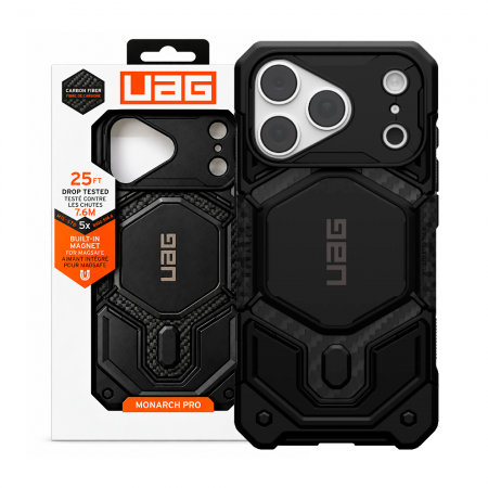 Противоударная накладка UAG MONARCH PRO с Magsafe с защитой на модуль камеры совместимая с 18 Pro Max/17 Pro Max черный карбон