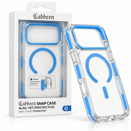 Пластиковая накладка Cabben с MagSafe совместимая с iPhone 18 Pro Max/17 Pro Max прозрачная с голубыми бортами