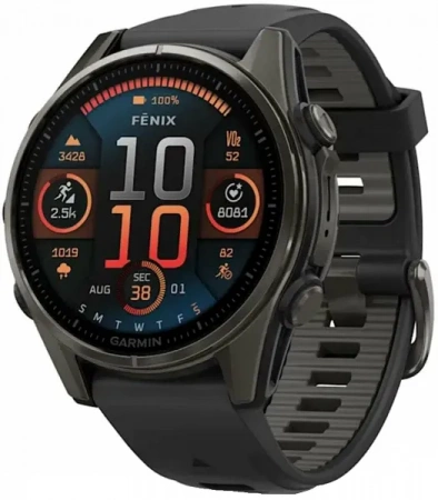 Умные Часы Garmin Fenix 8 43 mm Amoled Sapphire GPS Watch серый титан с силиконовым черным ремешком (Carbon DLC titanium silicone band) (010-02903-28)